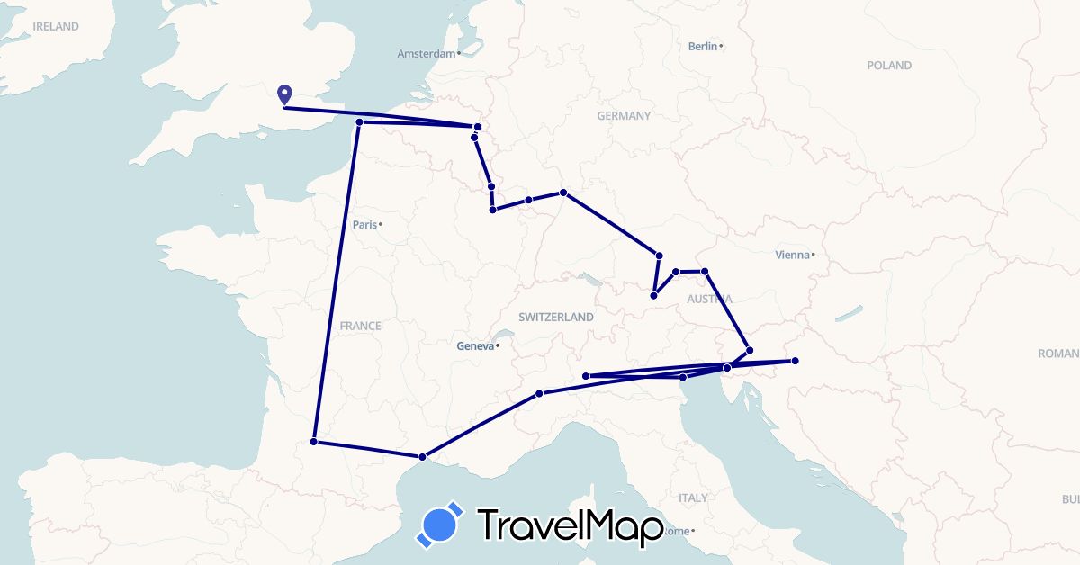 TravelMap itinerary: driving in Austria, Belgium, Germany, France, United Kingdom, Croatia, Italy, Luxembourg, Netherlands, Slovenia (Europe)